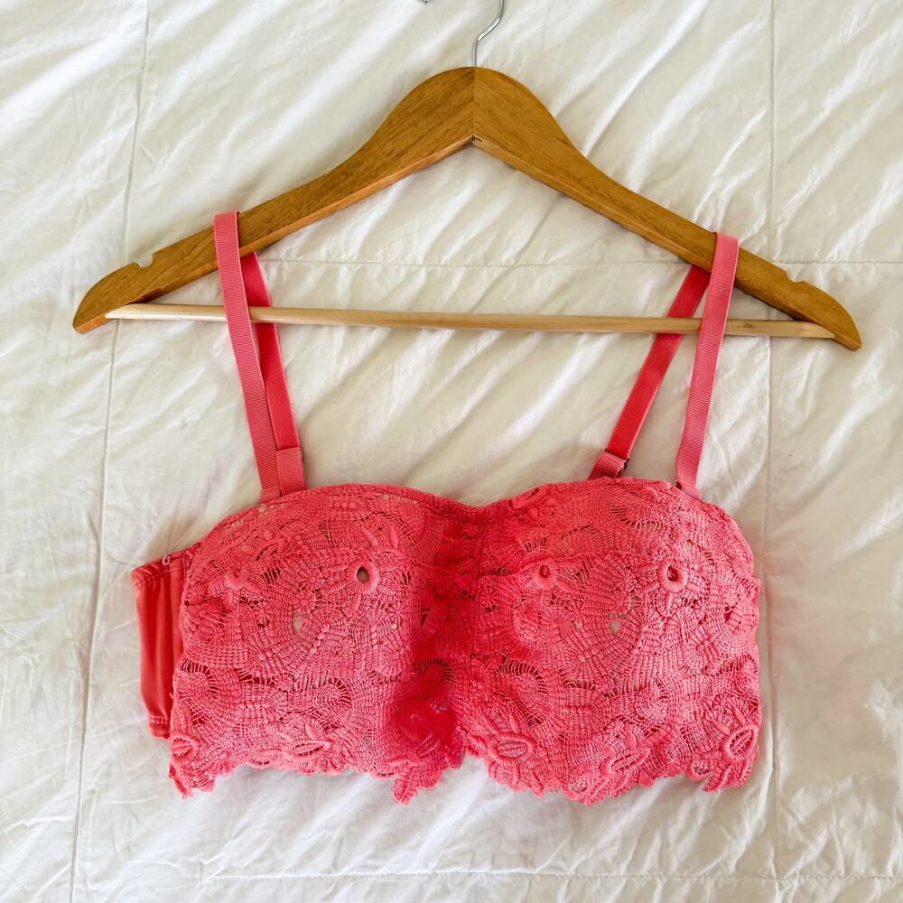 Aerie Coral Pink Floral Lace Longline Strapless Bra Bralette Large